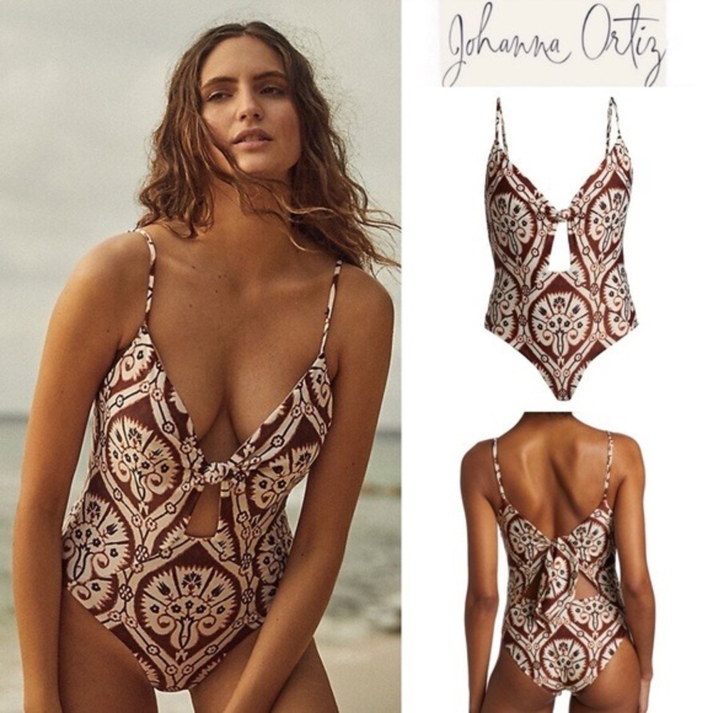 Johanna Ortiz One-Piece Swimsuit Cutout Tie Front Ikat Brown Cream Size XL NWT